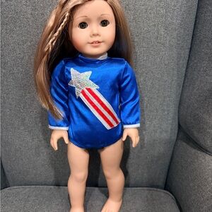 American Girl Doll with Royal Blue Gymnastics Doll Outfit